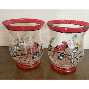 set 2 crackle glass votive tealight candle holder w/ red trim cardinal & holly